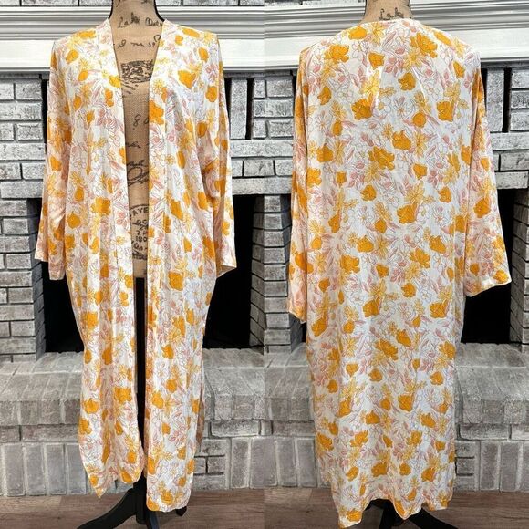 NWT LOFT Womens Meadow Floral Duster Kimono Wrap Coverup Orange White Size M/L - Picture 1 of 11